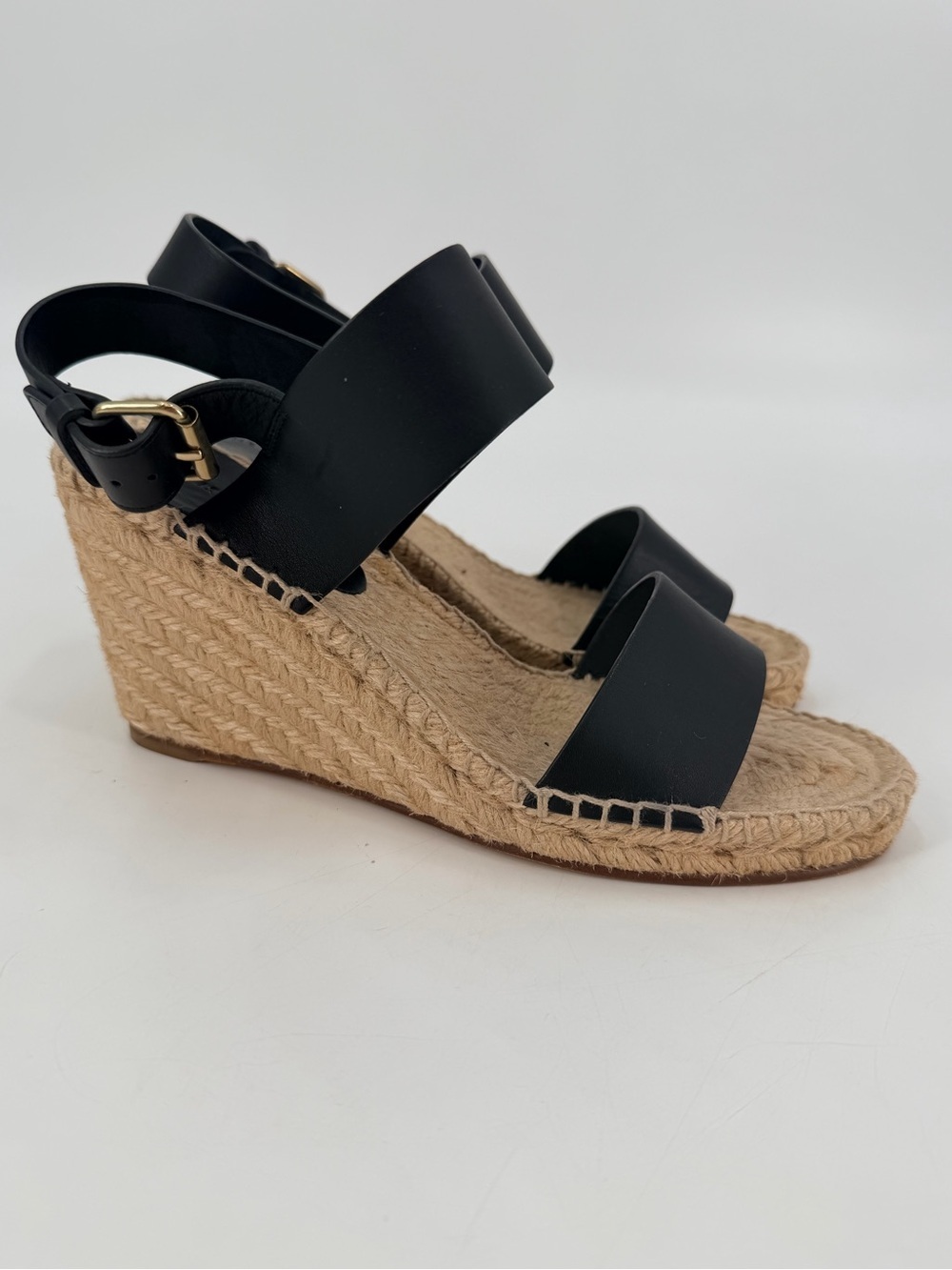 Celine Wedge Espadrille Black Leather Sandals 36